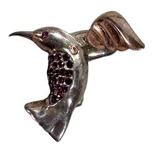 Sterling Silver Hummingbird Brooch Garnet Purple Gemstone Wing Moves Articulated